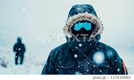 A person wearing a jacket and goggles in the snow A person wearing a jacket and goggles in the snow 123439068