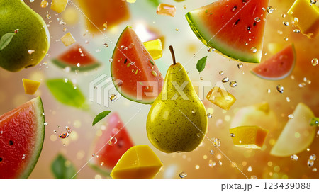 A bunch of watermelon melon and pears falling into the air 123439088