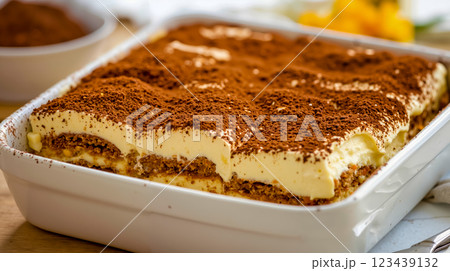 A white baking dish filled with a dessert on top of a wooden table 123439132