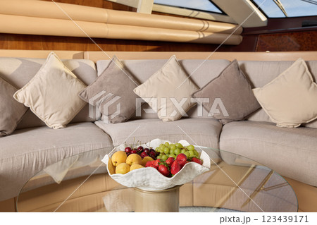 An Elegant Lounge Decorated with Plush Cushions and a Beautiful Fresh Fruit Arrangement 123439171