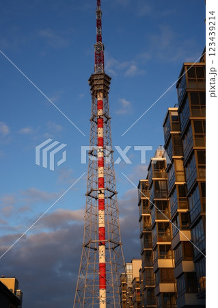 A Stunning Iconic Communication Tower Silhouetted Against the Beautiful Evening Sky 123439214
