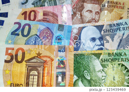 Stack of Euros and Albanian Lek Stack of Euros and Albanian Lek 123439469