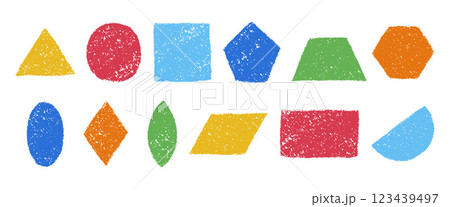 Set of colorful geometric figures in hand drawn childish style. Charcoal or crayon textured shapes. Vector illustration isolated on a white background. Set of colorful geometric figures in hand drawn childish style. Charcoal or crayon textured shapes. Vector illustration isolated on a white background. 123439497