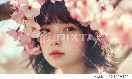 ピクニックを楽しみながら桜をバックにセルフ. 123439533