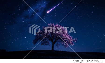 シルエットの桜と流れ星 – 闇に浮かぶ桜と星.. 123439538