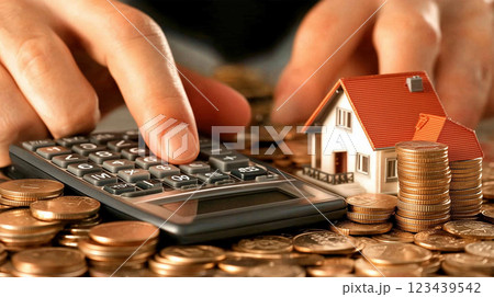 小さな家の模型とコインの山を前に計算機を操. 小さな家の模型とコインの山を前に計算機を操. 123439542