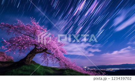 風に揺れる桜と流星群 – 夜桜の舞と流れ星が.. 123439702