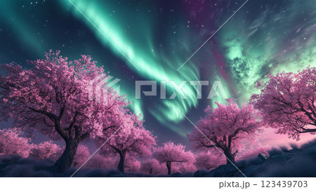 満開の桜並木とオーロラ – 春の夢と天空の光.. 123439703