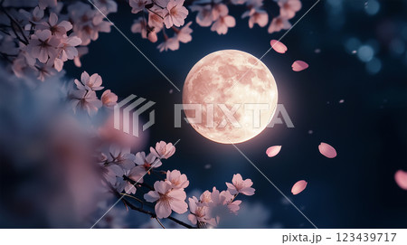 満月と桜の花びら – 月光が優しく照らす幻想.. 123439717