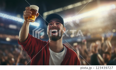 野球の応援でビール片手に盛り上がる男性 – .. 123439727