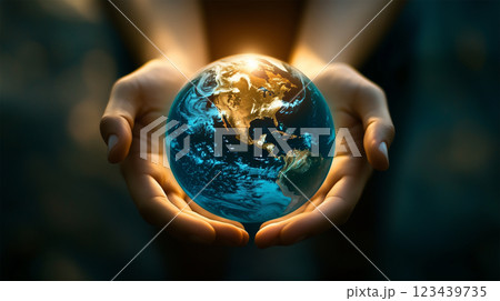 人の手に包まれる地球、温かみのある光が照ら. 123439735