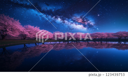 桜並木と星空のリフレクション – 静寂な湖に.. 123439753