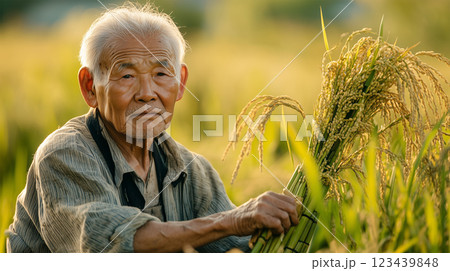 竹製の田植え道具と農家の横顔 123439848