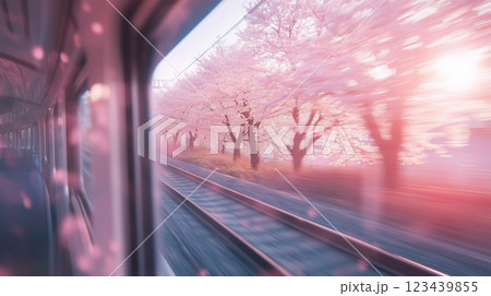 電車の窓に映る桜並木と線路、柔らかなぼかし. 123439855