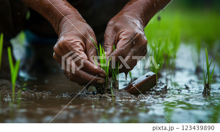 田植えの手と古い農具—伝統農業の美しい瞬間 田植えの手と古い農具—伝統農業の美しい瞬間 123439890