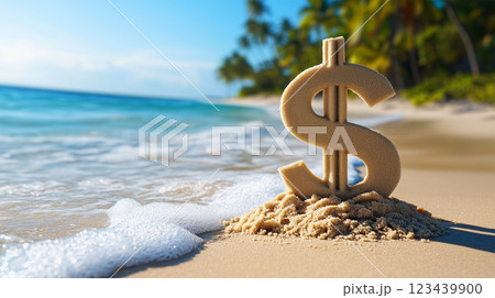 砂浜の金色ドル記号 – 経済的自由とラグジュ.. 砂浜の金色ドル記号 – 経済的自由とラグジュ.. 123439900