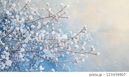 冬の朝霜に包まれた繊細な枝のクローズアップ 123439907