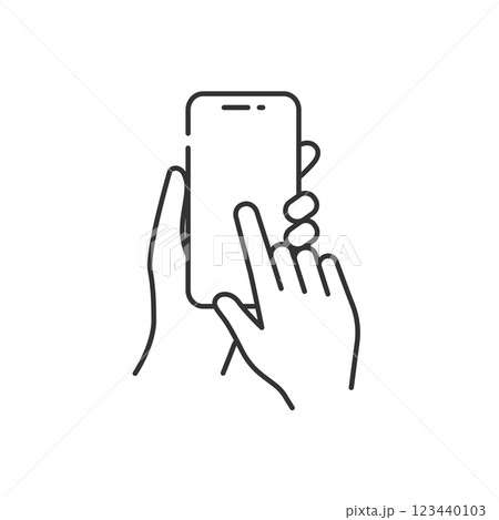 スマホを持つ女性の手 操作アイコン(線画・白黒) スマホを持つ女性の手 操作アイコン(線画・白黒) 123440103