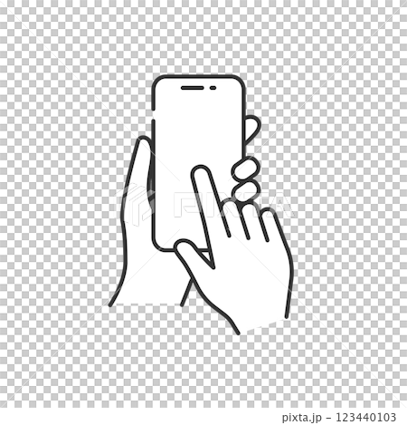スマホを持つ女性の手 操作アイコン(線画・白黒) スマホを持つ女性の手 操作アイコン(線画・白黒) 123440103