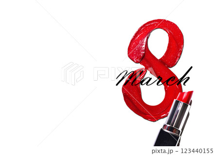 Red eight-shaped lipstick with lipstick banner on a white background. Red lipstick glossy texture in 8 eight shape. 8 march happy international woman day copy space banner, poster photo Red eight-shaped lipstick with lipstick banner on a white background. Red lipstick glossy texture in 8 eight shape. 8 march happy international woman day copy space banner, poster photo 123440155