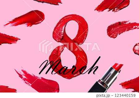 Smearing red eight-shaped lipstick with lipstick banner on a pink background. Red lipstick glossy texture in 8 eight shape. 8 march happy international woman day banner, poster photo Smearing red eight-shaped lipstick with lipstick banner on a pink background. Red lipstick glossy texture in 8 eight shape. 8 march happy international woman day banner, poster photo 123440159