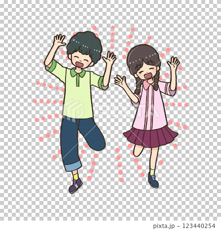 Smiling boy and girl jumping with their hands up 123440254