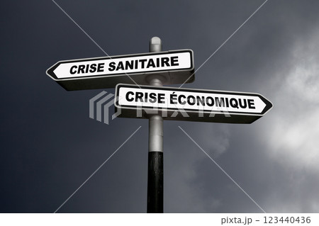 Health crisis vs Economic crisis - French direction signs 123440436