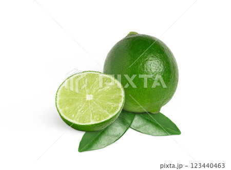 Natural fresh lime with cut in half and leaves isolated 123440463