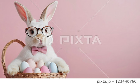 Happy Easter concept with cute bunny holding basket of pastel Easter eggs in pink setting 123440760