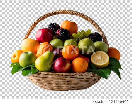 Different kinds of sweet fruits with greem leaves in bamboo basket isolated on transparent background. 123440905