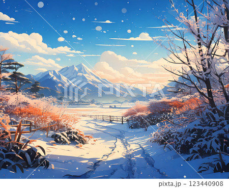 雪の降った朝の山並みと雪景色 123440908