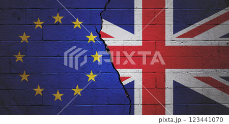 European Union vs United Kingdom - Cracked cinder block wall 123441070