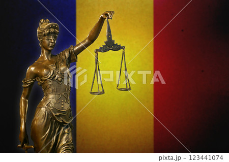 Lady Justice before a flag of Romania Lady Justice before a flag of Romania 123441074
