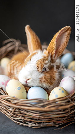 Happy Easter cozy rabbit resting in a woven nest with pastel-colored eggs, Happy Easter concept Happy Easter cozy rabbit resting in a woven nest with pastel-colored eggs, Happy Easter concept 123441175