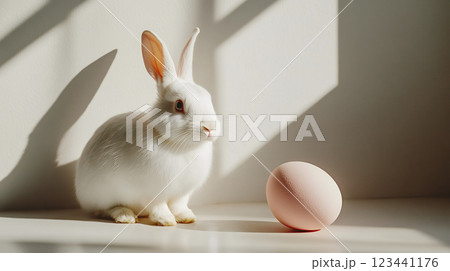 Happy Easter, white rabbit with pastel egg in sunlight, minimal festive composition Happy Easter, white rabbit with pastel egg in sunlight, minimal festive composition 123441176