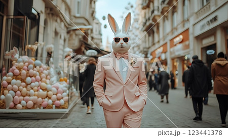 Elegant Easter Bunny in a Pastel Suit in the City 123441378