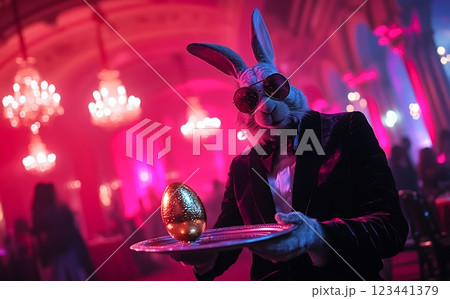 Glamorous Easter Bunny at a Party with Golden Egg and Stylish Suit with copy space 123441379