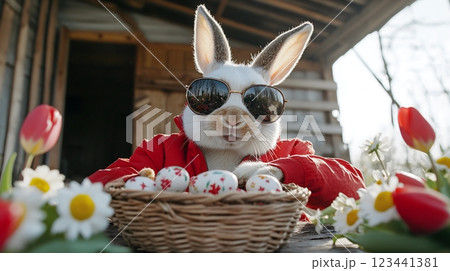 Playful Easter Bunny in Red Jacket with Basket of Eggs for Rustic Happy Easter Concept 123441381