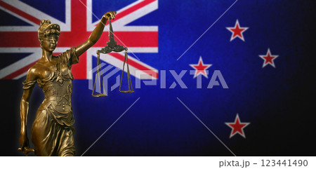 Lady Justice before a New Zealand flag 123441490