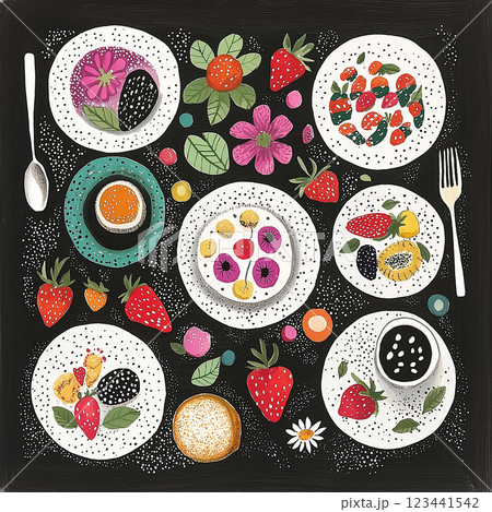 A feast of delicious foods spread across a table, featuring a variety of sweet desserts, and healthy snacks. From the bright berry desserts to the rich cakes, this banquet offers an abundance of tasty 123441542