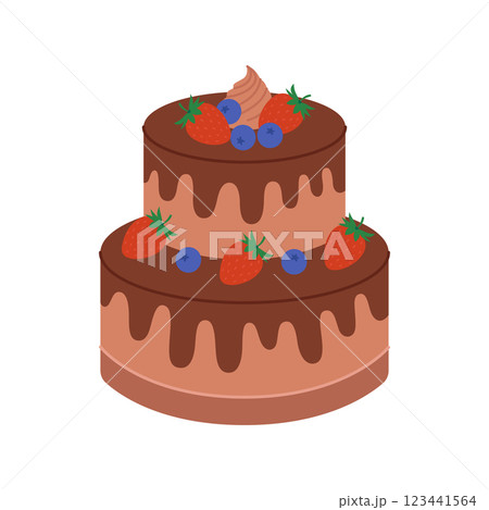 Chocolate two tier cake with strawberries, blueberries and cream. Dessert for birthday, anniversary. Sweet holiday baking for greeting card. Vector flat illustration isolated on white background 123441564