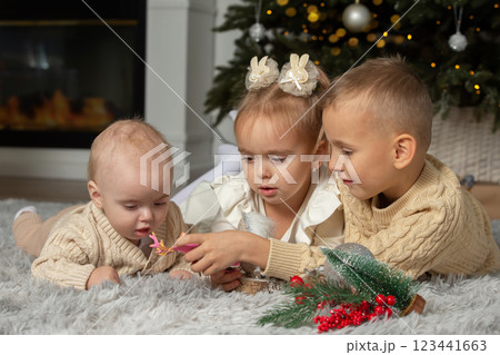 Small children brothers and sisters at the Christmas tree. Children on Christmas Eve. 123441663