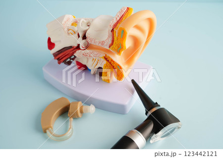 Otoscope with ear model for otolaryngologist or ENT physician doctor examining senior patient ear, hearing loss problem. 123442121
