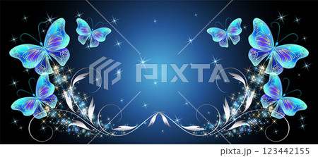 Fairytale night sky with magical blue butterflies and floral ornament and stars. Fantasy sparkle background. Fairytale night sky with magical blue butterflies and floral ornament and stars. Fantasy sparkle background. 123442155