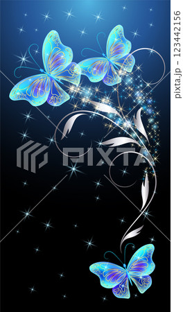 Fairytale night sky with magical blue butterflies and floral ornament and stars. Fantasy sparkle background. Fairytale night sky with magical blue butterflies and floral ornament and stars. Fantasy sparkle background. 123442156