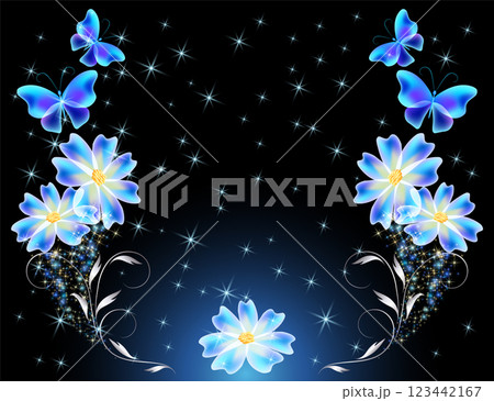 Fairytale night sky with flowers frame and magical blue butterflies and floral ornament and stars. Fantasy sparkle background. Fairytale night sky with flowers frame and magical blue butterflies and floral ornament and stars. Fantasy sparkle background. 123442167