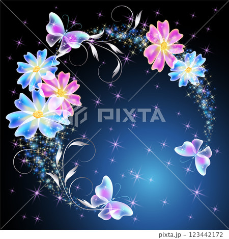 Fairytale floral round frame and magic butterflies in amazing night sky with sparkle stars and flowers. Fantasy mysterious background. Fairytale floral round frame and magic butterflies in amazing night sky with sparkle stars and flowers. Fantasy mysterious background. 123442172