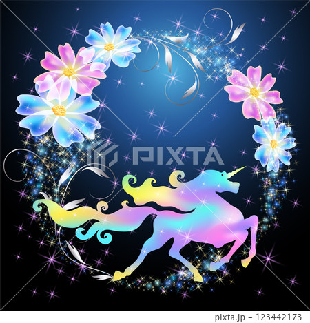 Unicorn and floral round frame with magic flowers against the backdrop of a fabulous night starry sky. 123442173