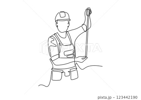 Continuous one line drawing builder or carpenter measuring the length of the wall using measurement tape. Home construction or renovation services. Single line draw design vector graphic illustration 123442190