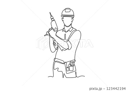 Continuous one line drawing handyman wearing helmet and uniform holding drill machine with two hands. Repairman construction maintenance services. Single line draw design vector graphic illustration 123442194